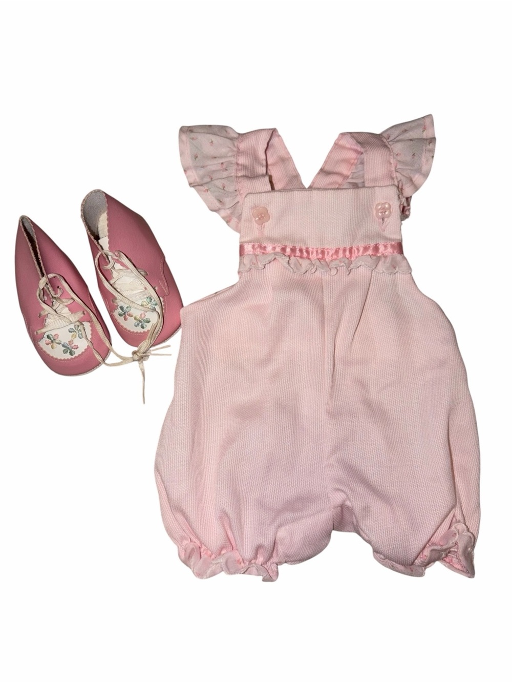 Vintage 80s Pink Baby Girl Bubble Romper Ruffle Lace Matching Shoes 3m Cottage